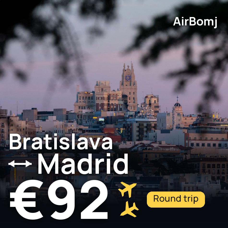تذكرة طيران: براتيسلافا — مدريد، €92