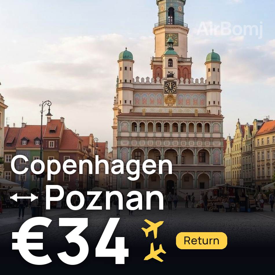 Flight ticket: Copenhagen to Poznan, €34