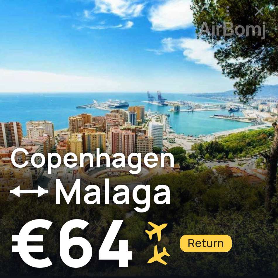 Flight ticket: Copenhagen to Malaga, €64