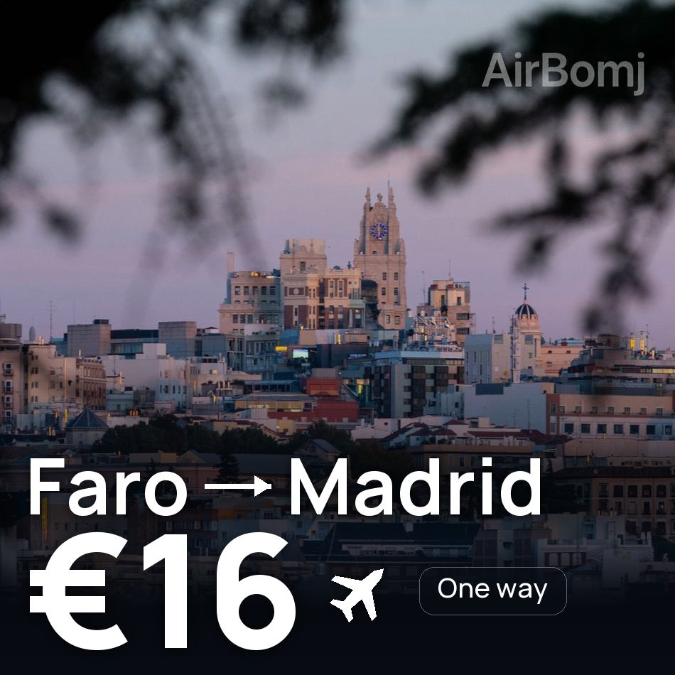 تذكرة طيران: فارو — مدريد، €16