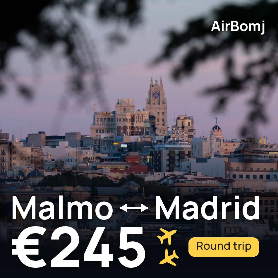 تذكرة طيران: مالمو — مدريد، €245