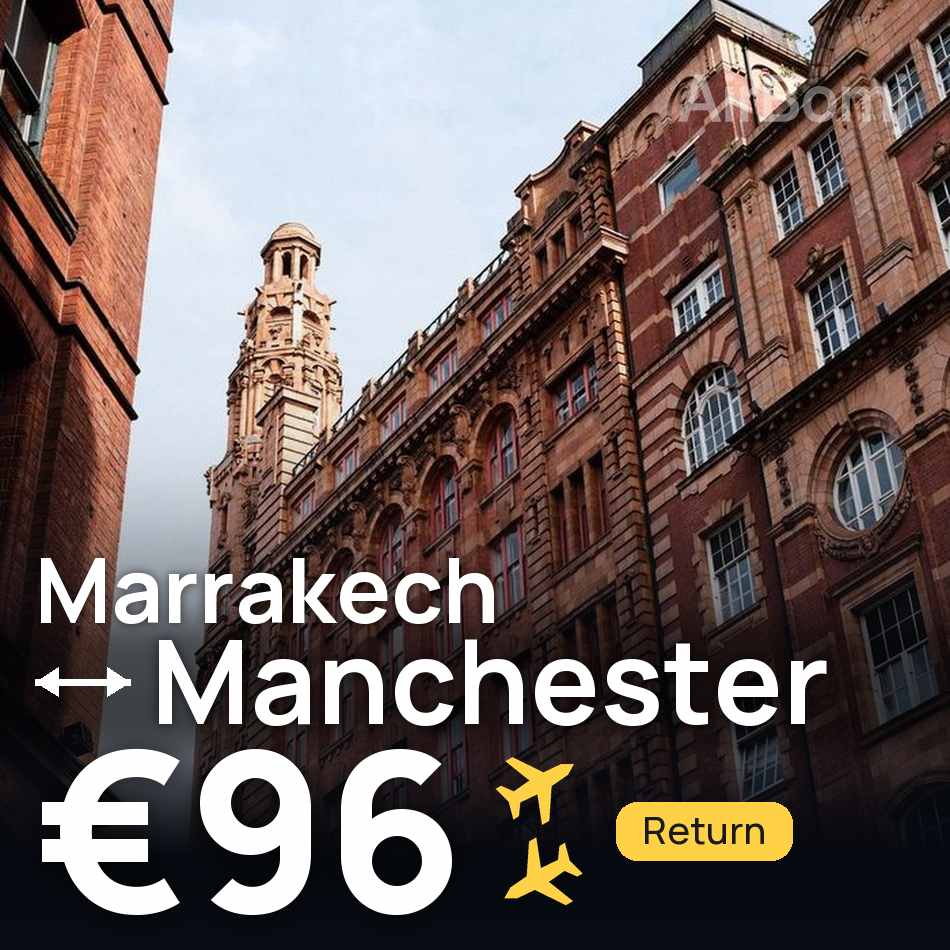 تذكرة طيران: مراكش — مانشستر، €96