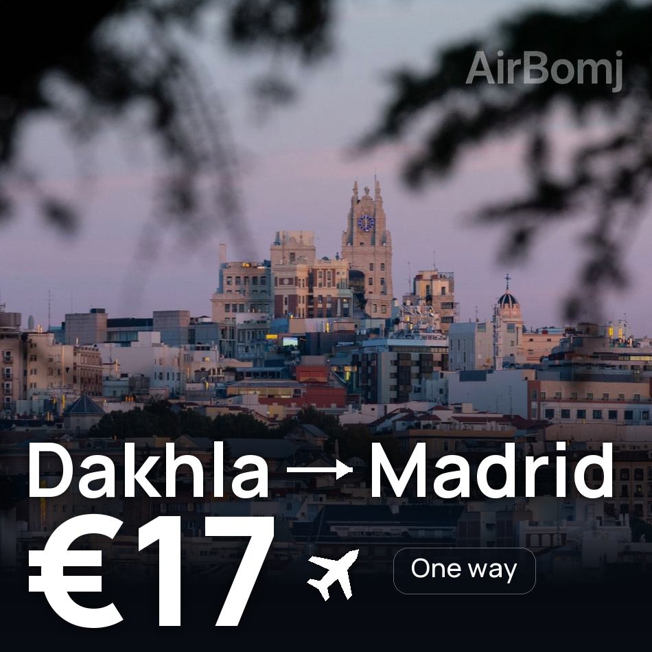 تذكرة طيران: الداخلة — مدريد، €17