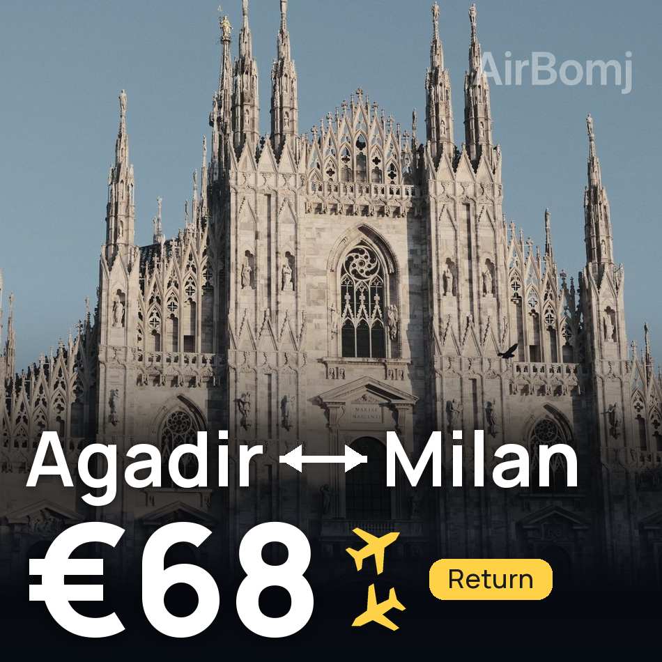 تذكرة طيران: أغادير — ميلانو، €68