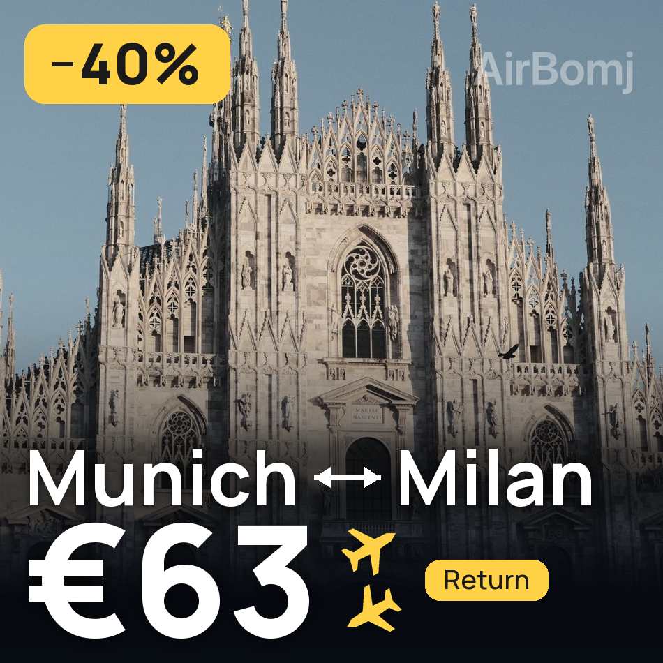 تذكرة طيران: ميونخ — ميلانو، €63
