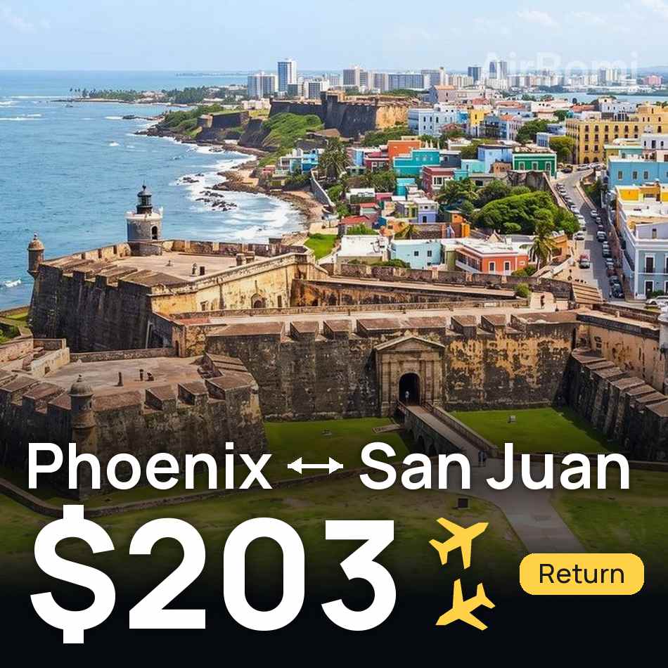 تذكرة طيران: فينيكس — سان خوان، $203