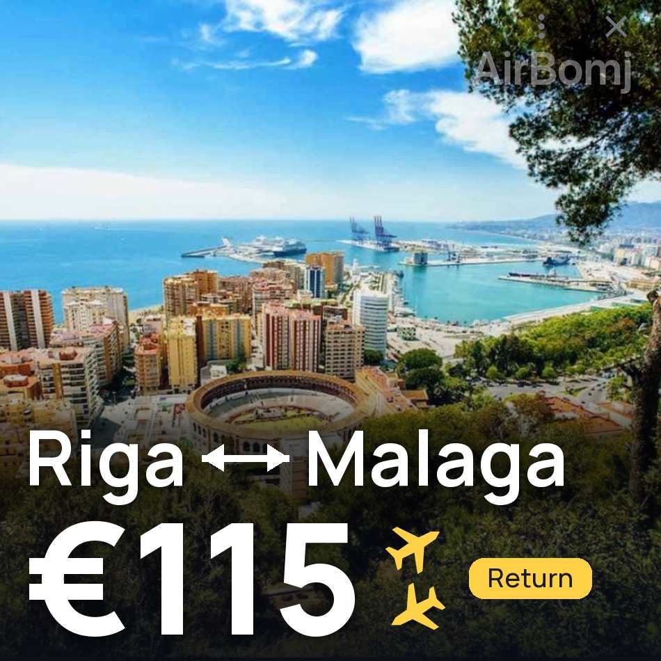 تذكرة طيران: ريجا — مالاجا، €115
