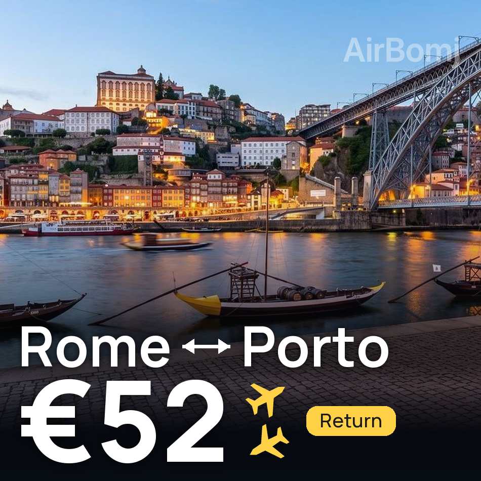 تذكرة طيران: روما — بورتو، €52